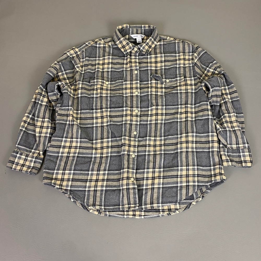 Old Navy The Boyfriend Flannel Shirt Women Size Large Gray Plaid Long Sleeve